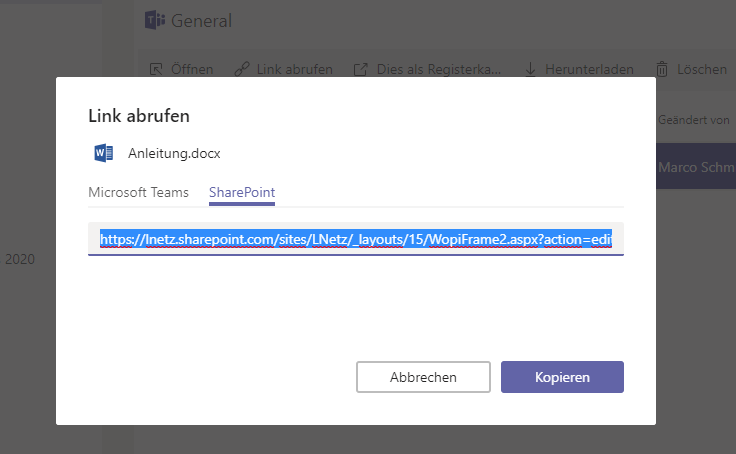 Microsoft Teams Link abrufen Screenshot