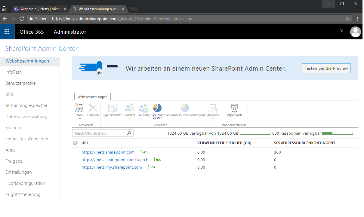Office 365 SharePoint Admin Center Screenshot