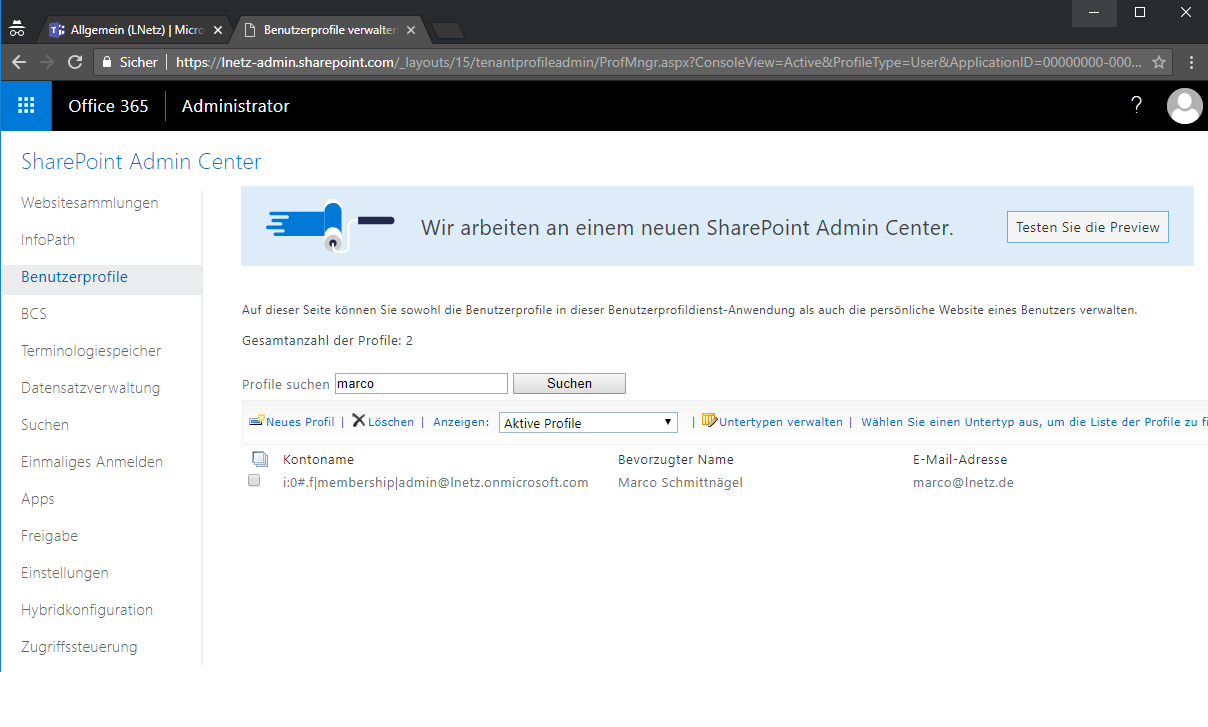Office 365 SharePoint Admin Center Screenshot 2