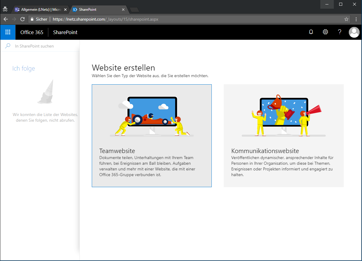 Office 365 SharePoint Site erstellen Screenshot